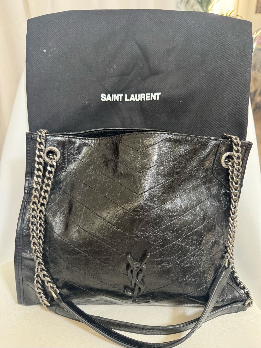 Saint Laurent Black Crinkled Leather Shoulder Bag with Silver Chain